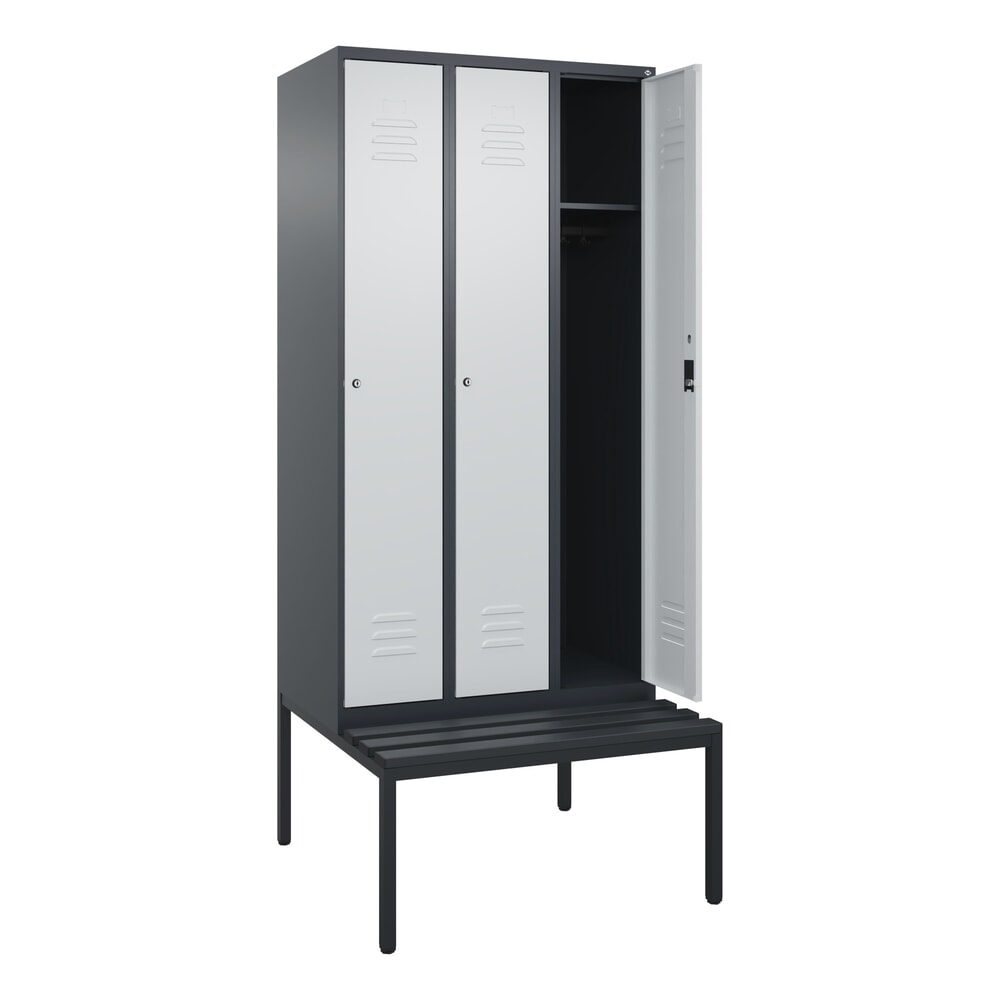 Produktabbildung: C+P Spind Classic PLUS, 3 Abteile, HxBxT 2.120 x 900 x 815 mm, Zylinderschloss, untergebaute Bank aus Kunststoff, anthrazitgrau, lichtgrau