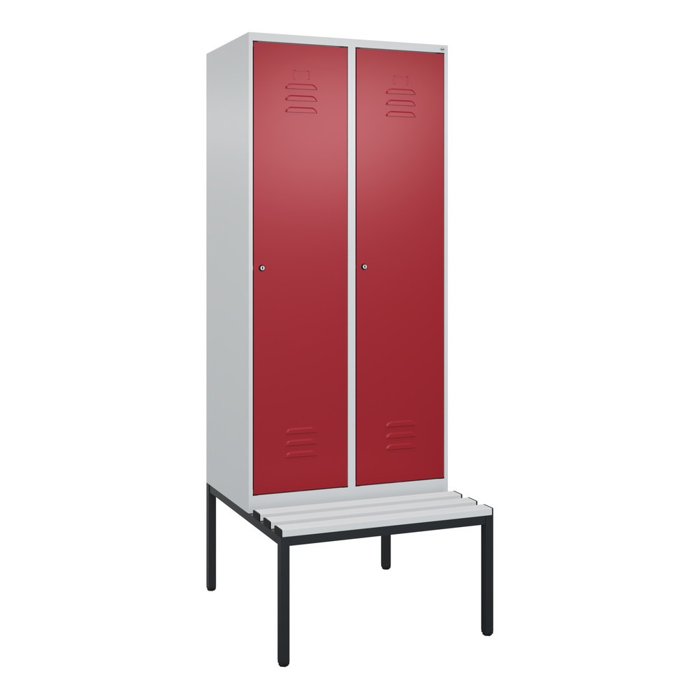 Produktabbildung: C+P Spind Classic PLUS, 2 Abteile, Trennwand, HxBxT 2.120 x 800 x 815 mm, Zylinderschloss, Trennwand, untergebaute Bank aus Kunststoff, lichtgrau, rubinrot