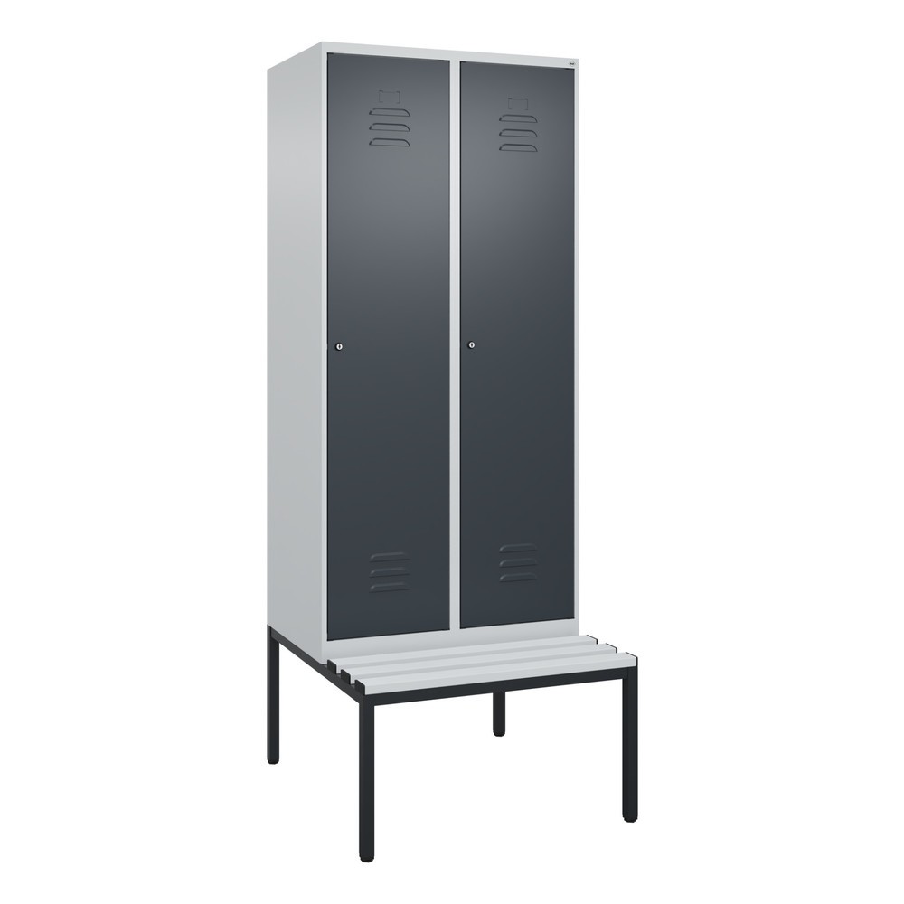 Produktabbildung: C+P Spind Classic PLUS, 2 Abteile, Trennwand, HxBxT 2.120 x 800 x 815 mm, Zylinderschloss, Trennwand, untergebaute Bank aus Kunststoff, lichtgrau, anthrazitgrau