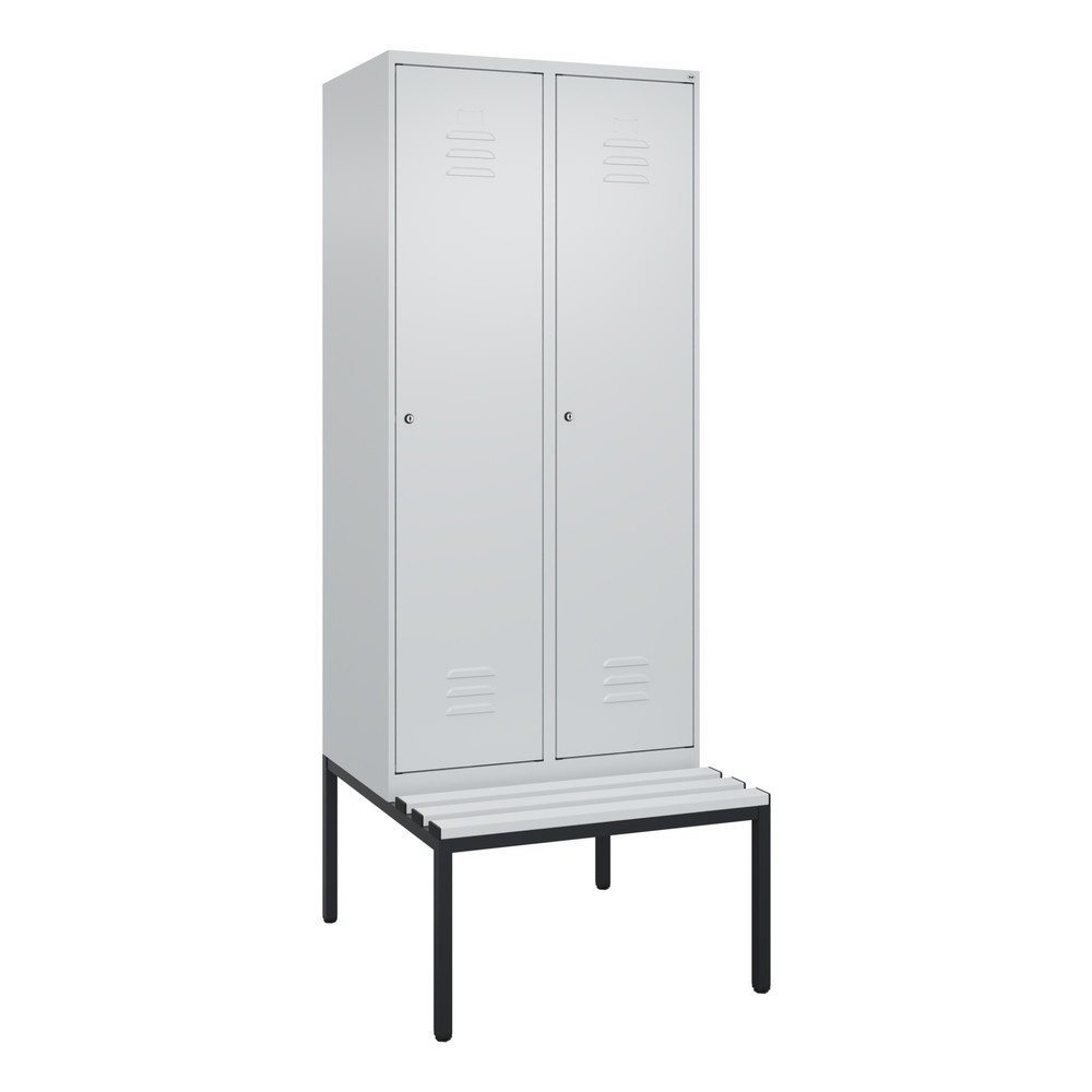 Produktabbildung: C+P Spind Classic PLUS, 2 Abteile, Trennwand, HxBxT 2.120 x 800 x 815 mm, Zylinderschloss, Trennwand, untergebaute Bank aus Kunststoff, lichtgrau, lichtgrau