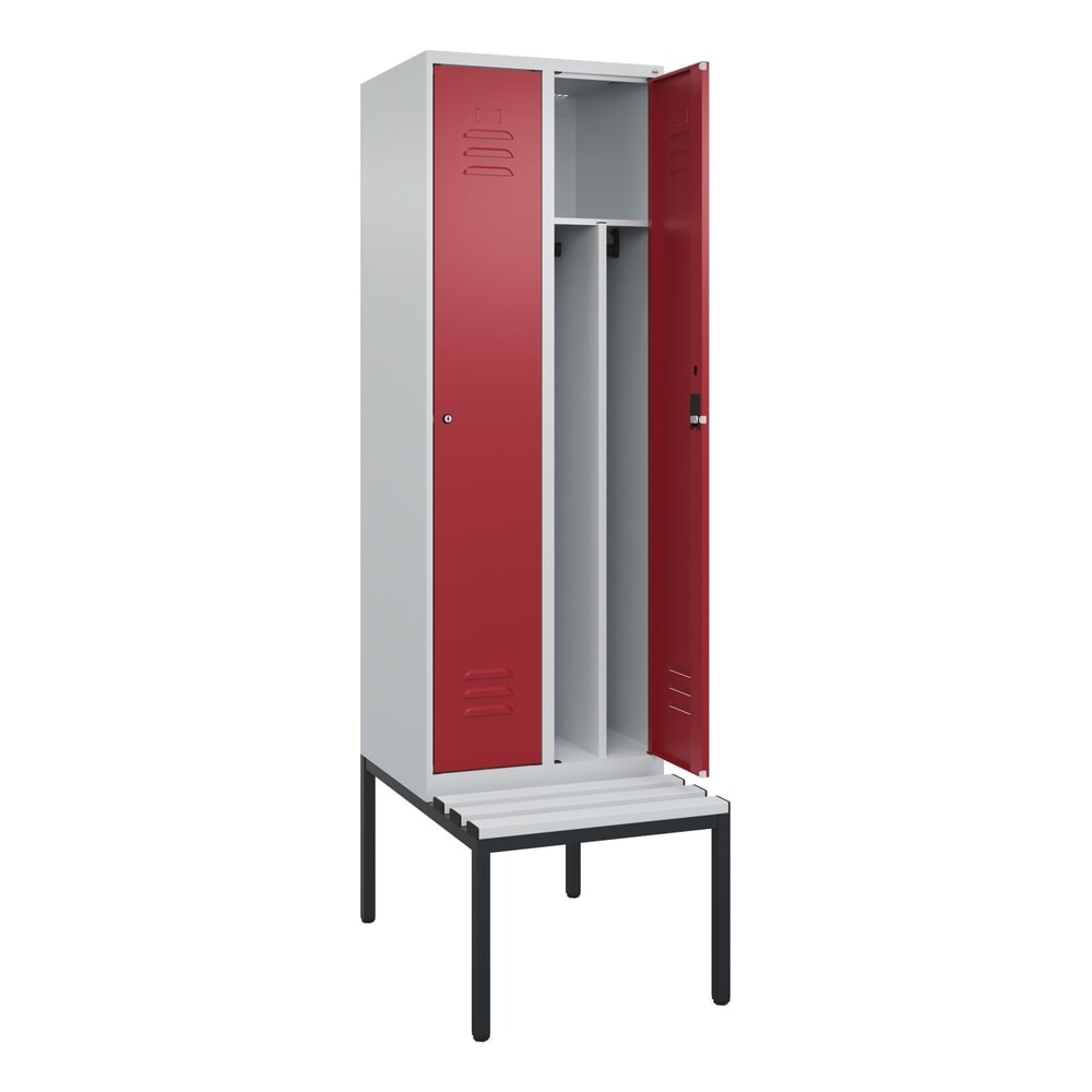 Produktabbildung: C+P Spind Classic PLUS, 2 Abteile, Trennwand, HxBxT 2.120 x 600 x 815 mm, Zylinderschloss, Trennwand, untergebaute Bank aus Kunststoff, lichtgrau, rubinrot