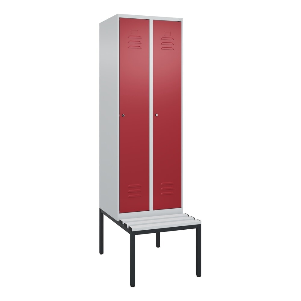 Produktabbildung Nr. 9: C+P Spind Classic PLUS, 2 Abteile, Trennwand, HxBxT 2.120 x 600 x 815 mm, Zylinderschloss, Trennwand, untergebaute Bank aus Kunststoff, lichtgrau, rubinrot