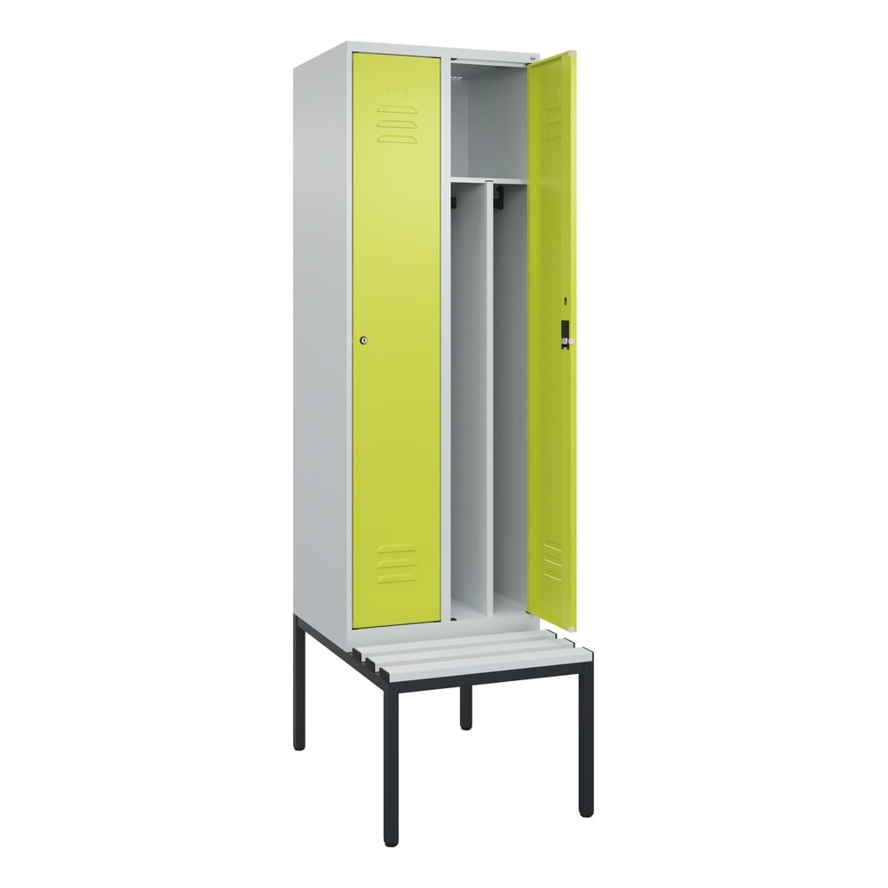 Produktabbildung: C+P Spind Classic PLUS, 2 Abteile, Trennwand, HxBxT 2.120 x 600 x 815 mm, Zylinderschloss, Trennwand, untergebaute Bank aus Kunststoff, lichtgrau, clowngrün