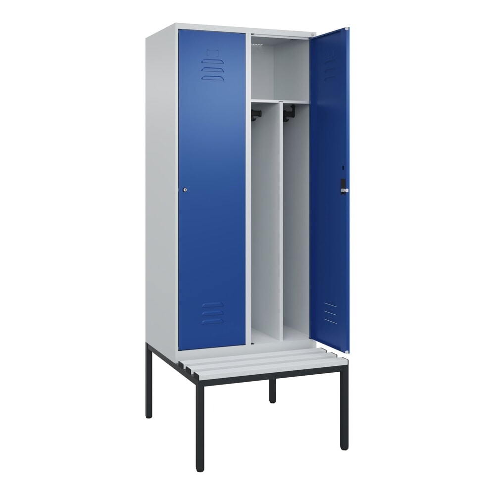C+P Spind Classic PLUS, 2 Abteile, Trennwand, HxBxT 2.120 x 800 x 815 mm, Zylinderschloss, Trennwand, untergebaute Bank aus Kunststoff, lichtgrau, enzianblau Produktabbildung: C+P Spind Classic PLUS, 2 Abteile, Trennwand, HxBxT 2.120 x 800 x 815 mm, Zylinderschloss, Trennwand, untergebaute Bank aus Kunststoff, lichtgrau, enzianblau