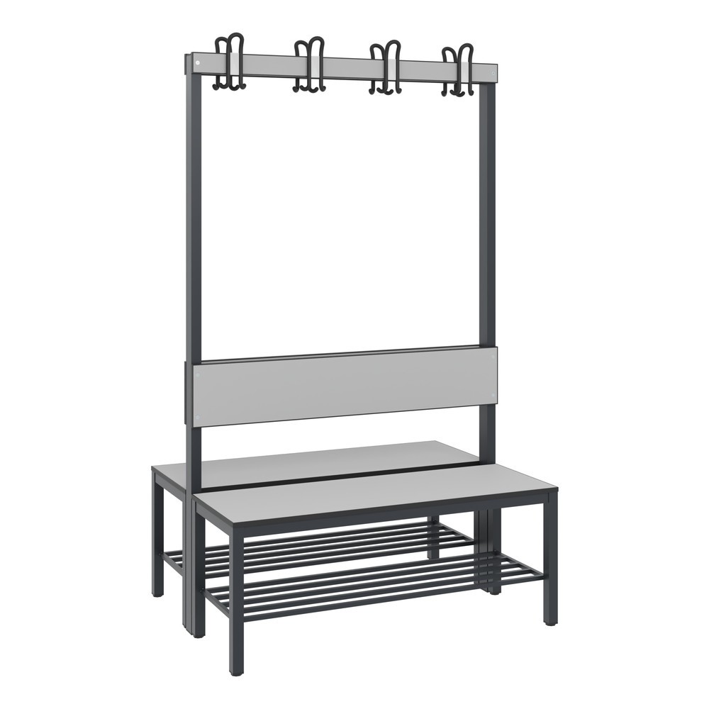 Produktabbildung: C+P Umkleidesitzbank Basic Plus, Länge 1.000 mm, doppelseitig, mit Rückenlehne, 2x4 Doppelhaken, inkl. Schuhrost, schwarzgrau/silbergrau
