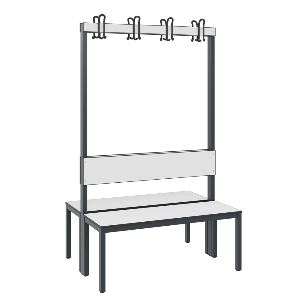 Produktabbildung Nr. 1: C+P Umkleidesitzbank Basic Plus, Länge 1.000 mm, doppelseitig, mit Rückenlehne, 2x4 Doppelhaken, schwarzgrau/weiß