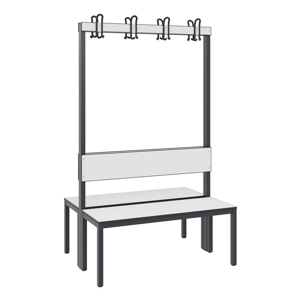 Produktabbildung Nr. 1: C+P Umkleidebank  Basic Plus, Länge 1.000 mm, doppelseitig, mit Rückenlehne, 2x4 Doppelhaken, schwarzgrau/weiß