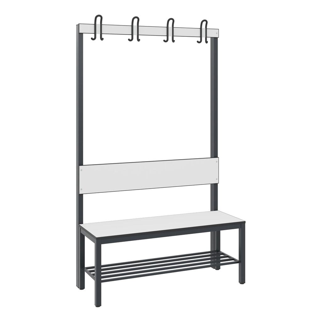 C+P Umkleidebank Basic Plus, Länge 1.000 mm, einseitig, mit Rückenlehne, 4 Doppelhaken, inkl. Schuhrost, schwarzgrau/weiß Produktabbildung: C+P Umkleidebank Basic Plus, Länge 1.000 mm, einseitig, mit Rückenlehne, 4 Doppelhaken, inkl. Schuhrost, schwarzgrau/weiß