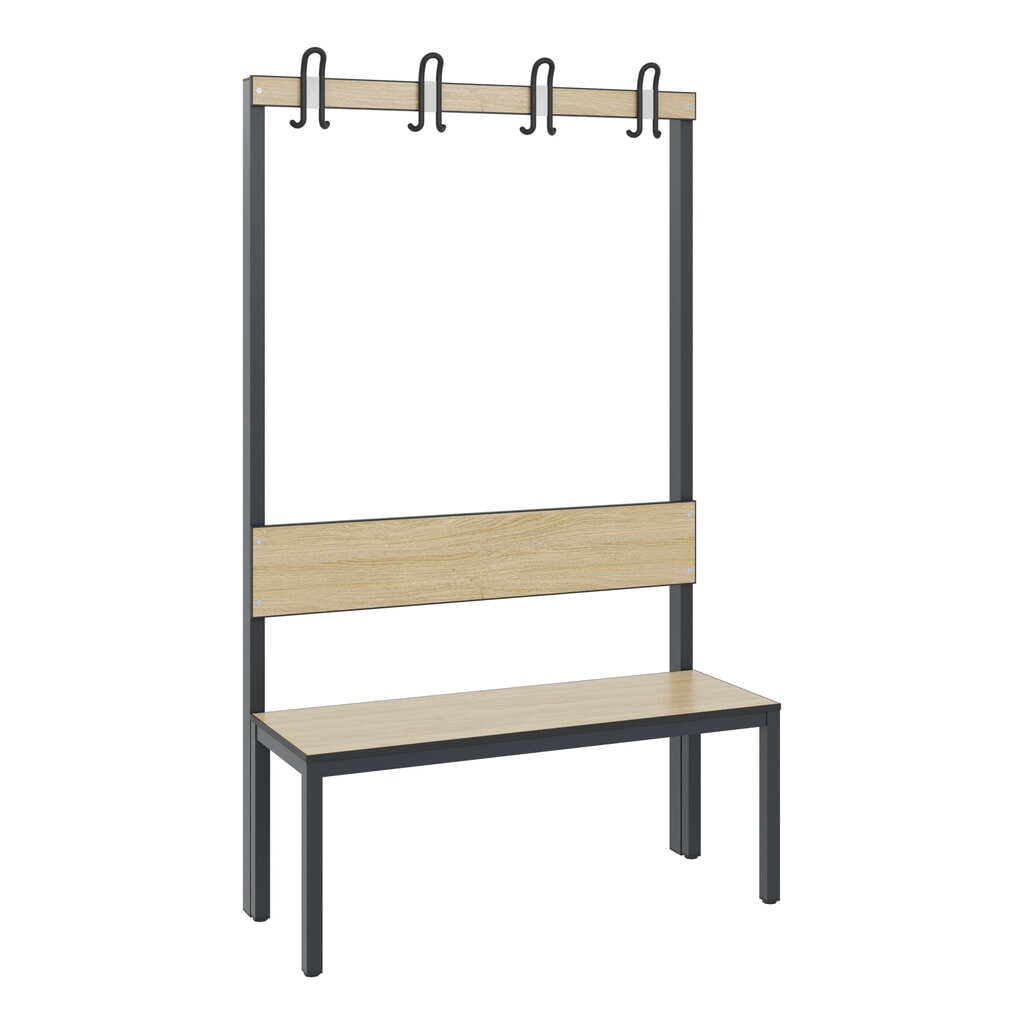 C+P Umkleidebank Basic Plus, Länge 1.000 mm, einseitig, mit Rückenlehne, 4 Doppelhaken, schwarzgrau/Eiche Sereno Produktabbildung: C+P Umkleidebank Basic Plus, Länge 1.000 mm, einseitig, mit Rückenlehne, 4 Doppelhaken, schwarzgrau/Eiche Sereno