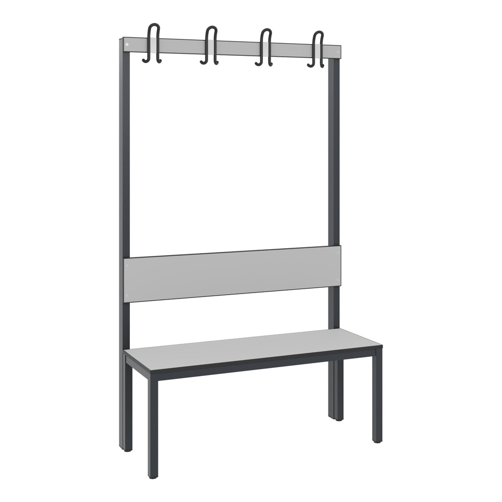 C+P Umkleidebank Basic Plus, Länge 1.000 mm, einseitig, mit Rückenlehne, 4 Doppelhaken, schwarzgrau/silbergrau Produktabbildung: C+P Umkleidebank Basic Plus, Länge 1.000 mm, einseitig, mit Rückenlehne, 4 Doppelhaken, schwarzgrau/silbergrau