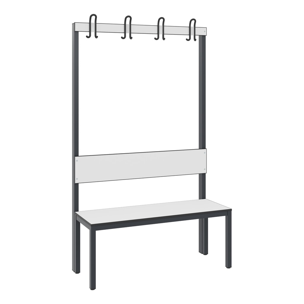 C+P Umkleidebank Basic Plus, Länge 1.000 mm, einseitig, mit Rückenlehne, 4 Doppelhaken, schwarzgrau/weiß Produktabbildung Nr. 1: C+P Umkleidebank Basic Plus, Länge 1.000 mm, einseitig, mit Rückenlehne, 4 Doppelhaken, schwarzgrau/weiß