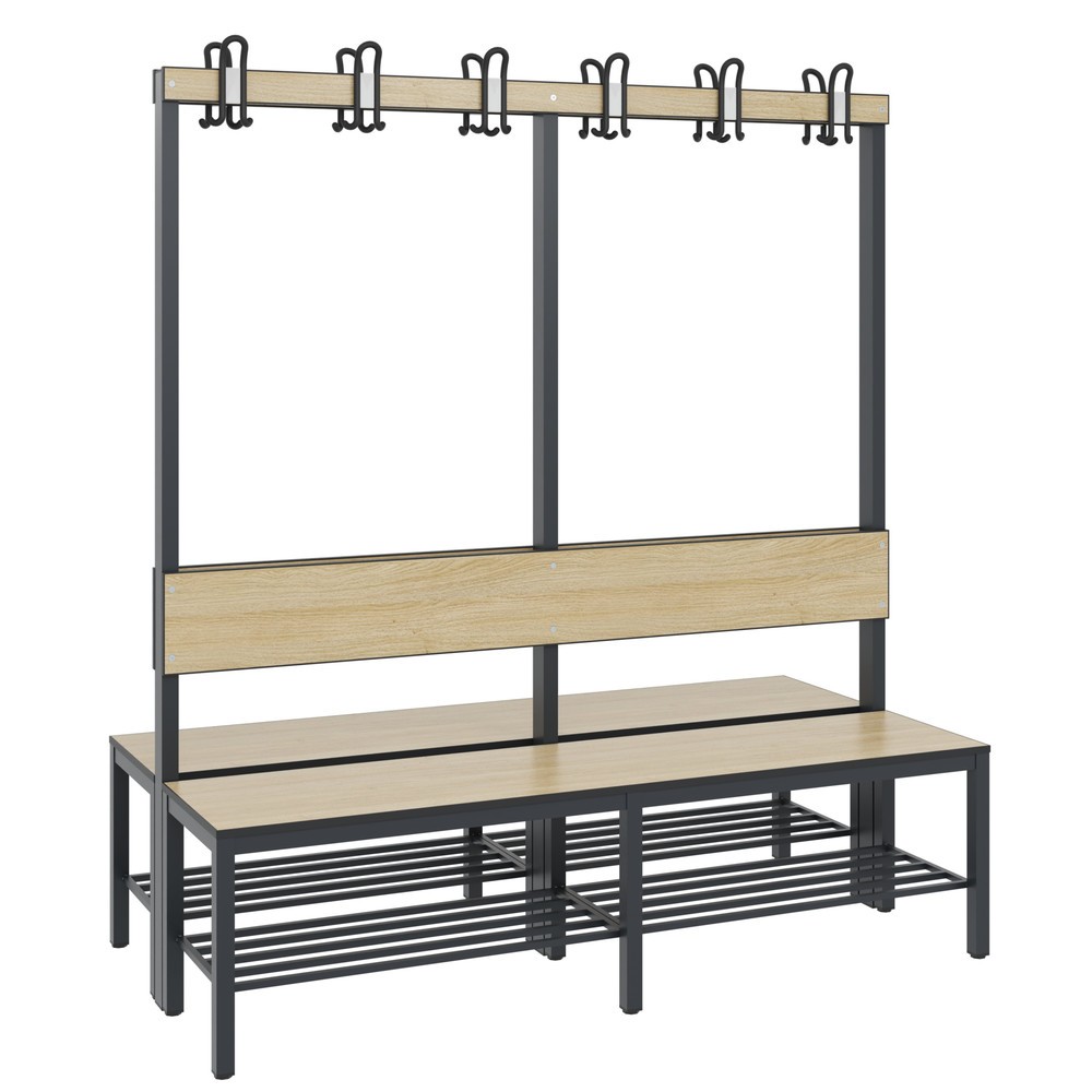 Produktabbildung: C+P Umkleidesitzbank Basic Plus, Länge 1.500 mm, doppelseitig, mit Rückenlehne, 2x6 Doppelhaken, inkl. Schuhrost, schwarzgrau/Eiche Sereno