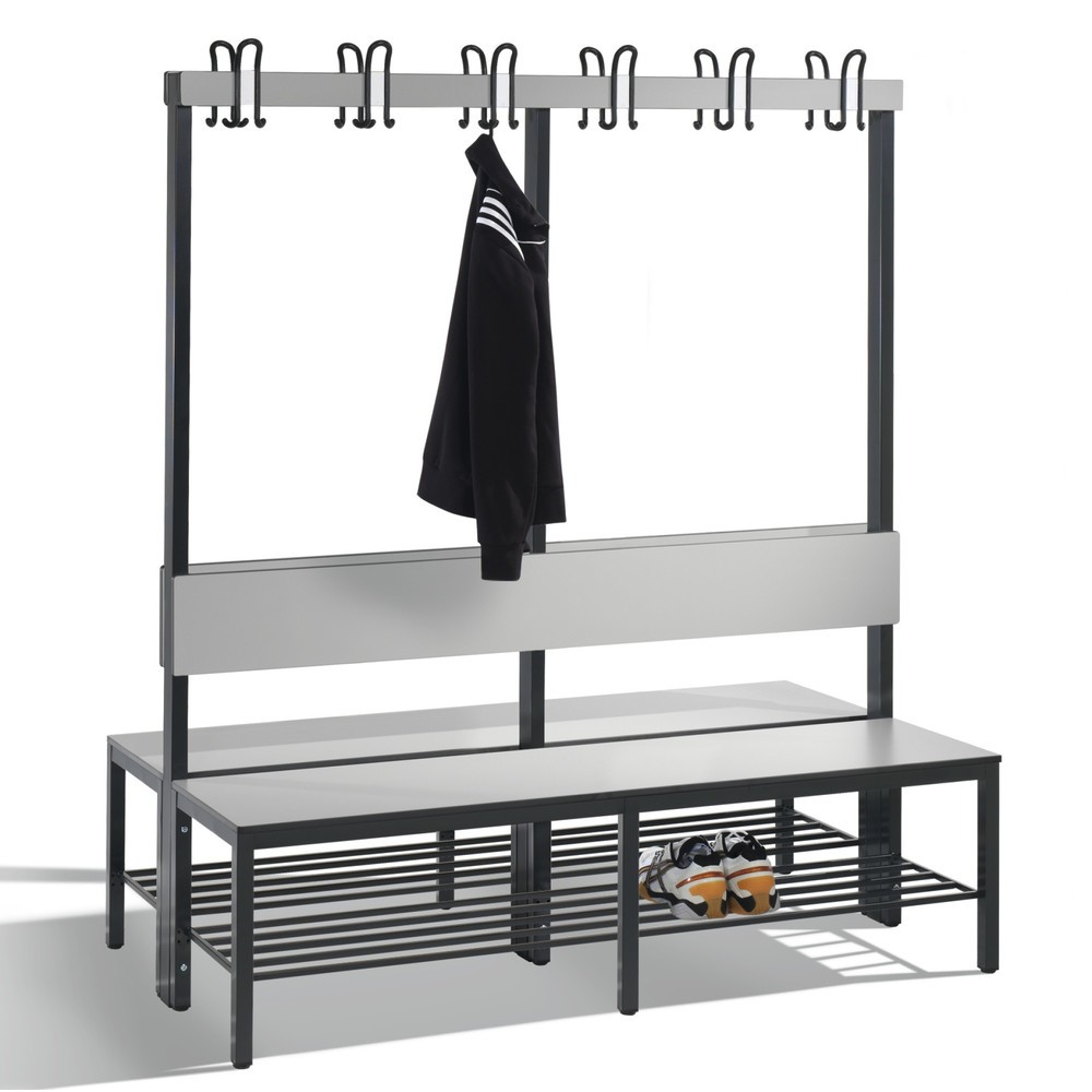Produktabbildung: C+P Umkleidesitzbank Basic Plus, Länge 1.500 mm, doppelseitig, mit Rückenlehne, 2x6 Doppelhaken, inkl. Schuhrost, schwarzgrau/silbergrau