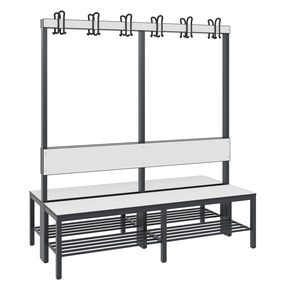 Produktabbildung: C+P Umkleidesitzbank Basic Plus, Länge 1.500 mm, doppelseitig, mit Rückenlehne, 2x6 Doppelhaken, inkl. Schuhrost, schwarzgrau/weiß