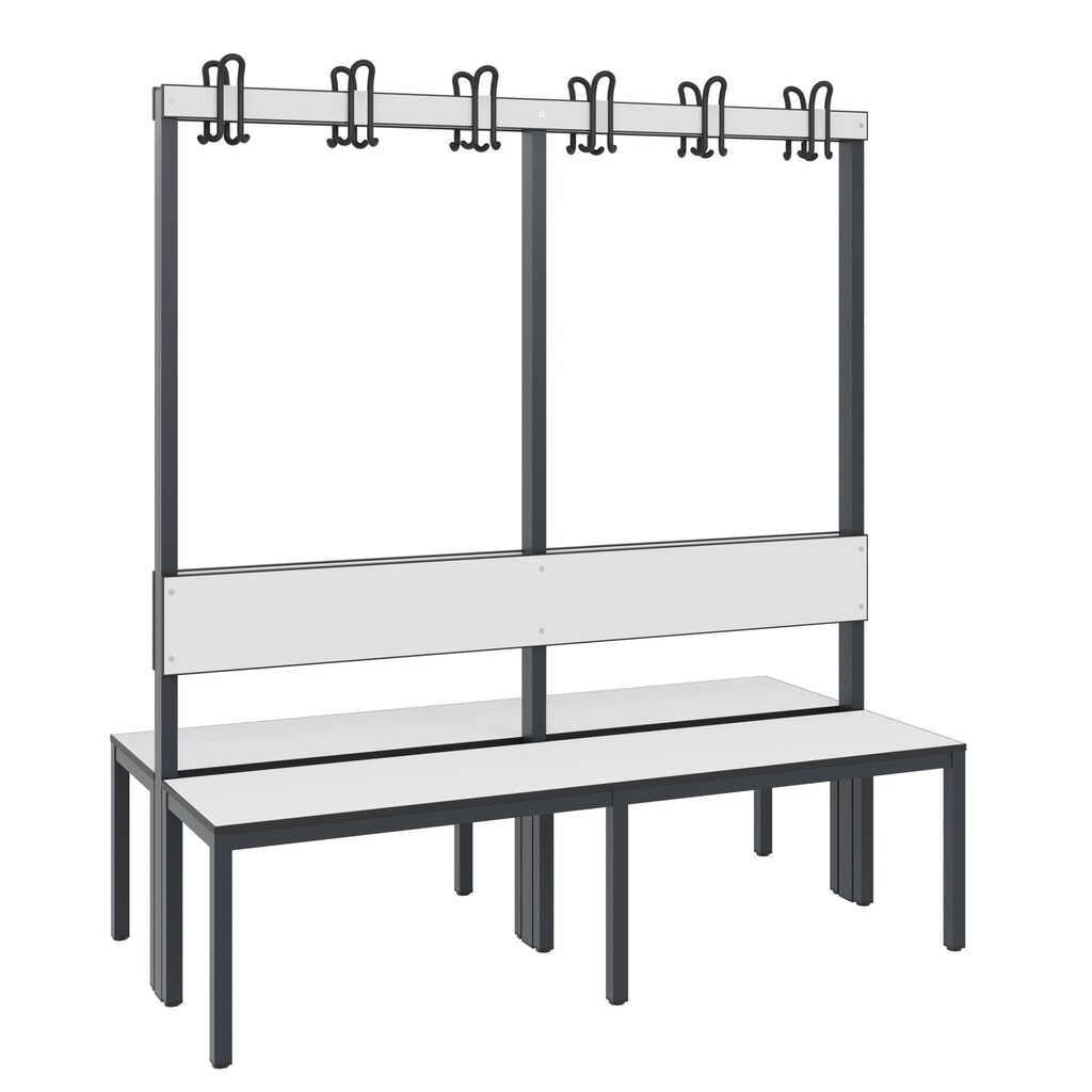 Produktabbildung Nr. 1: C+P Umkleidebank Basic Plus, Länge 1.500 mm, doppelseitig, mit Rückenlehne, 2x6 Doppelhaken, schwarzgrau/weiß