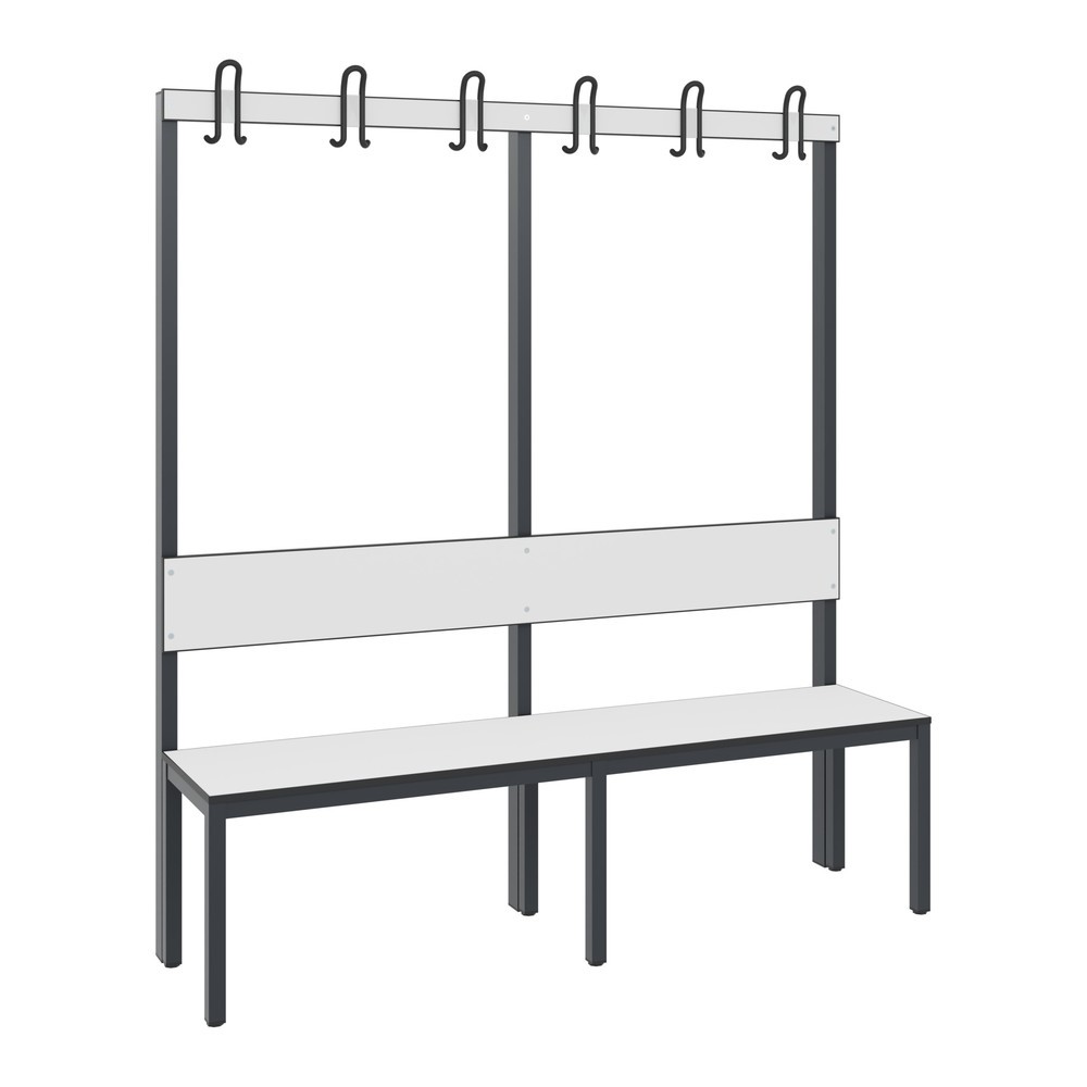 Produktabbildung: C+P Umkleidesitzbank Basic Plus, Länge 1.500 mm, einseitig, mit Rückenlehne, 6 Doppelhaken, schwarzgrau/Eiche Sereno