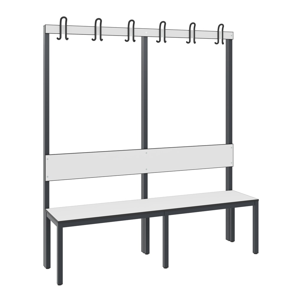 Produktabbildung Nr. 1: C+P Umkleidebank Basic Plus, Länge 1.500 mm, einseitig, mit Rückenlehne, 6 Doppelhaken, schwarzgrau/weiß