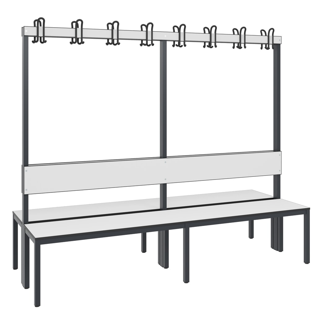 Produktabbildung Nr. 1: C+P Umkleidebank Basic Plus, Länge 1.960 mm, doppelseitig, mit Rückenlehne, 2x8 Doppelhaken, schwarzgrau/weiß