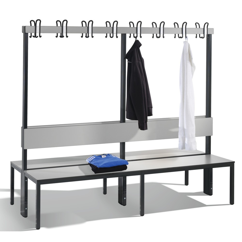Produktabbildung: C+P Umkleidesitzbank Basic Plus, Länge 1.960 mm, doppelseitig, mit Rückenlehne, 2x8 Doppelhaken, schwarzgrau/silbergrau
