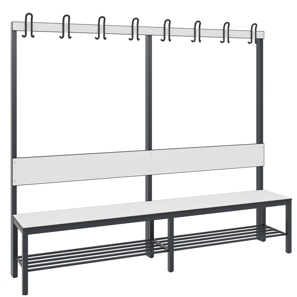 Produktabbildung: C+P Umkleidesitzbank Basic Plus, Länge 1.960 mm, einseitig, mit Rückenlehne, 8 Doppelhaken, inkl. Schuhrost, schwarzgrau/weiß