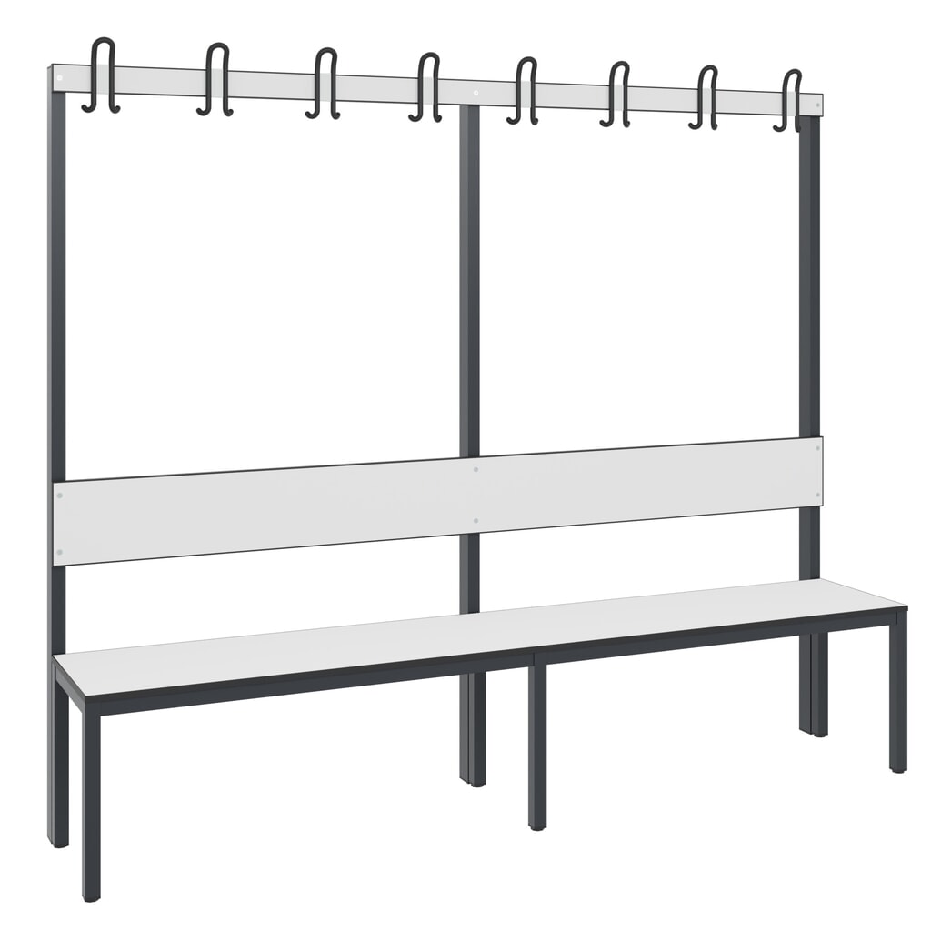 C+P Umkleidebank Basic Plus, Länge 1.960 mm, einseitig, mit Rückenlehne, 8 Doppelhaken, schwarzgrau/weiß Produktabbildung Nr. 1: C+P Umkleidebank Basic Plus, Länge 1.960 mm, einseitig, mit Rückenlehne, 8 Doppelhaken, schwarzgrau/weiß