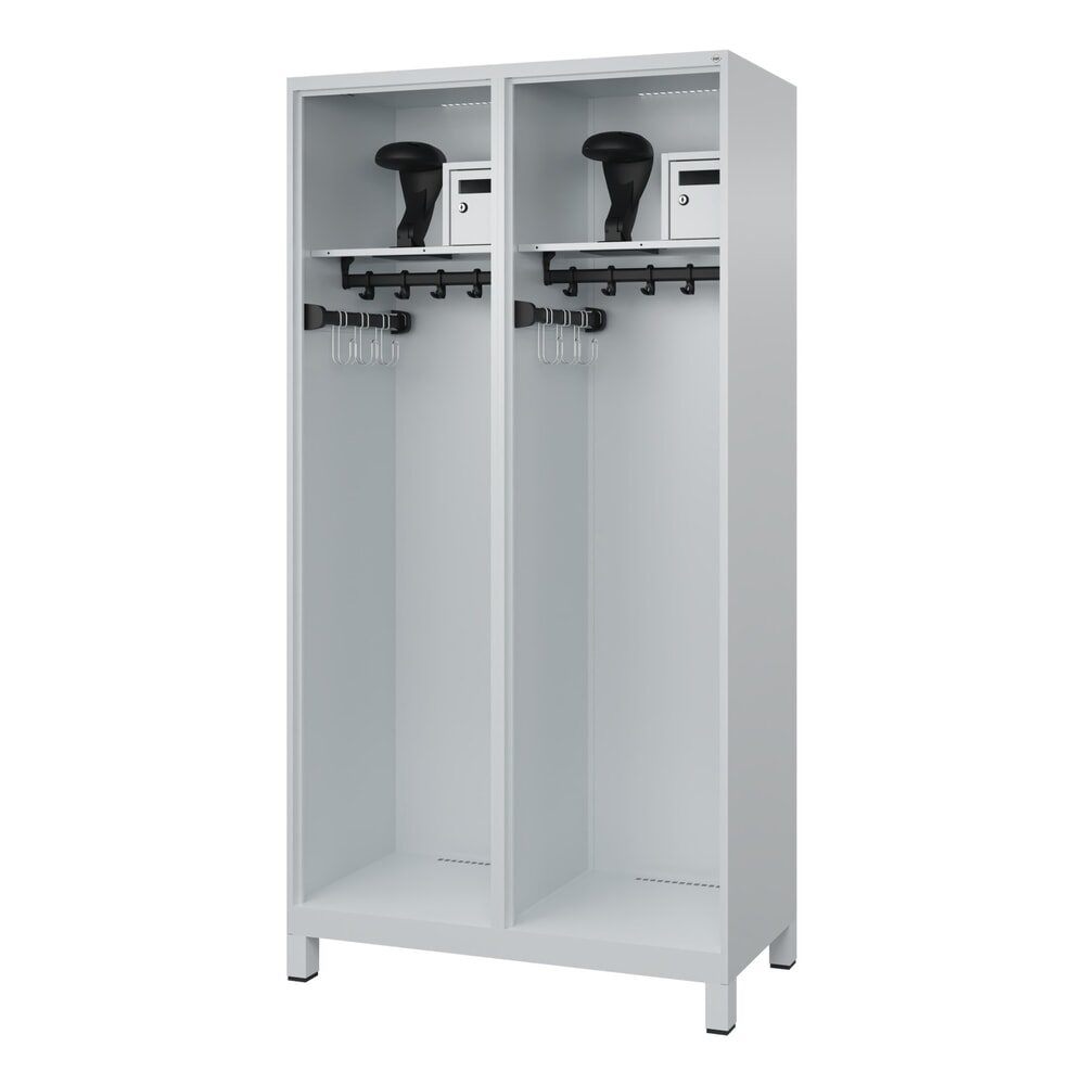 Illustration du produit: C+P Vestiaire pompier FLEXO, pieds, 2 compartiments, HxlxP 1 850 x 1 000 x 500 mm, gris clair, avec support de casque