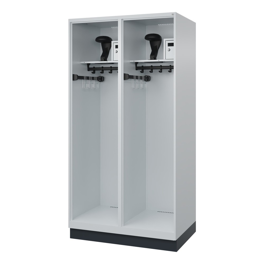 Illustration du produit: C+P Vestiaire pompier FLEXO, socle, 2 compartiments, HxlxP 1 850 x 1 000 x 600 mm, gris clair, avec support de casque