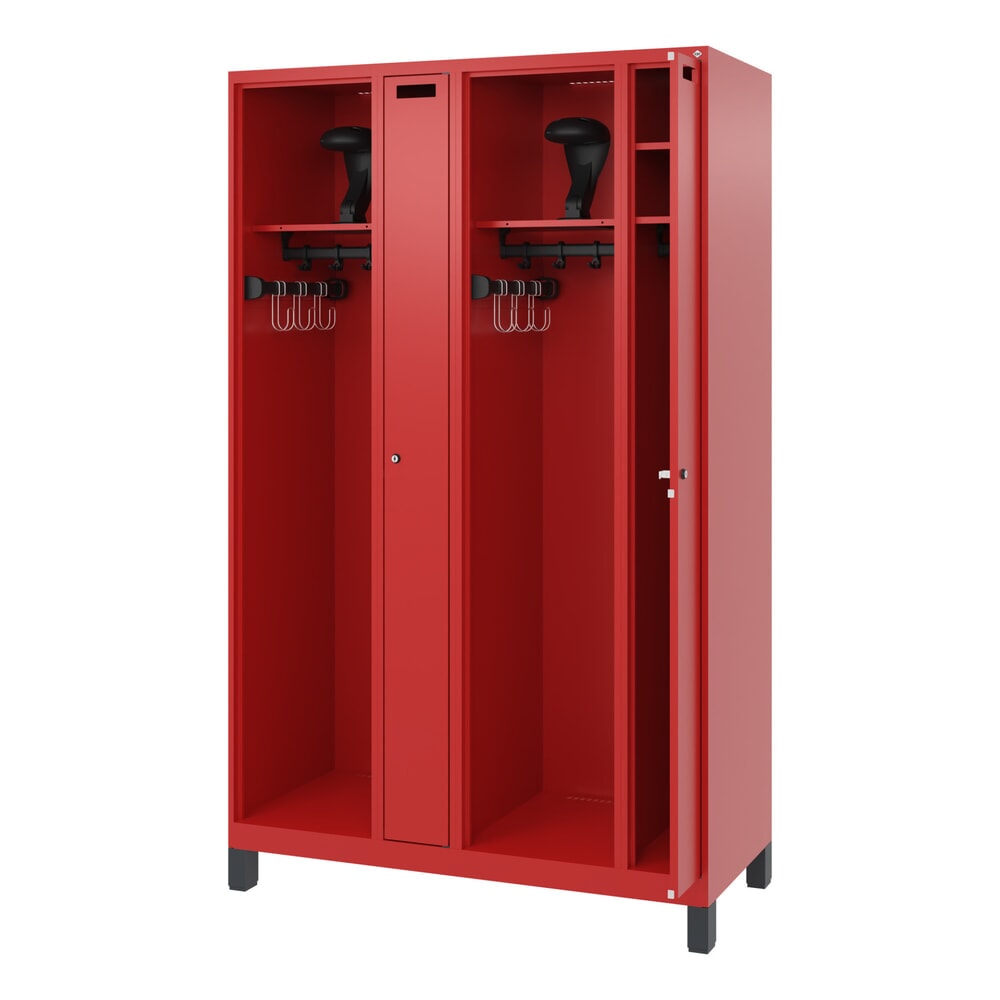Illustration du produit: C+P Vestiaire pompier KOMBI, pieds, 2 compartiments, HxlxP 1 850 x 1 200 x 500 mm, rouge feu, avec support de casque