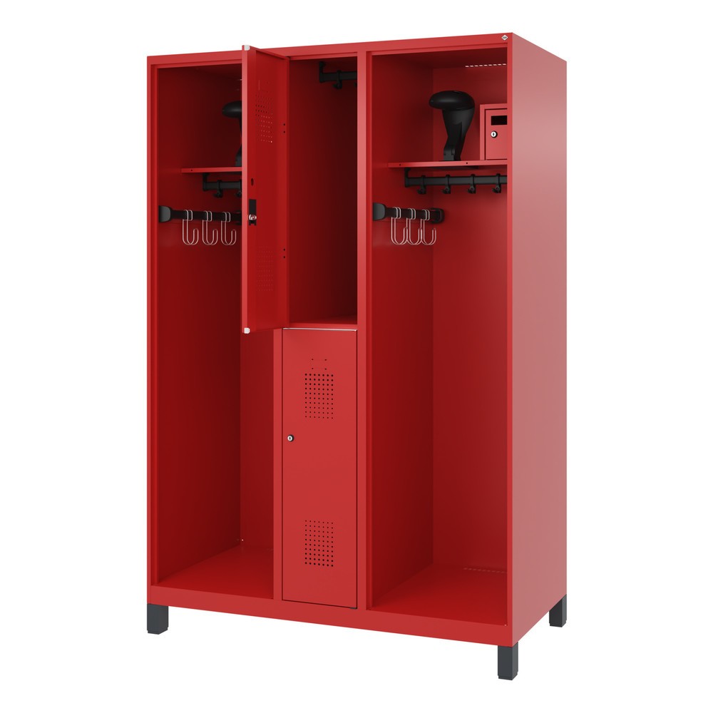 Illustration du produit: C+P Vestiaire pompier MAXI, pieds, HxlxP 1 850 x 1 300 x 600 mm, rouge feu, avec support de casque