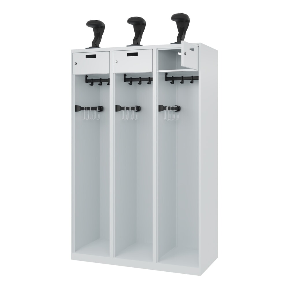 Illustration du produit: C+P Vestiaire pompier PRAKTUS, patins, 3 compartiments, HxlxP 1 850 x 1 200 x 500 mm, gris clair, avec support de casque