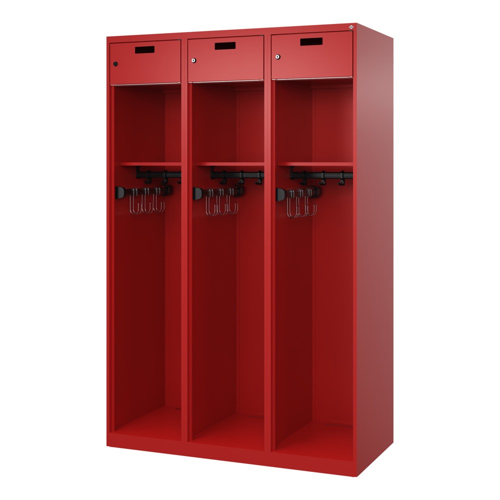 N° de l'image du produit 4 : C+P Vestiaire pompier PRAKTUS, patins, 3 compartiments, HxlxP 1 850 x 1 200 x 500 mm, rouge feu