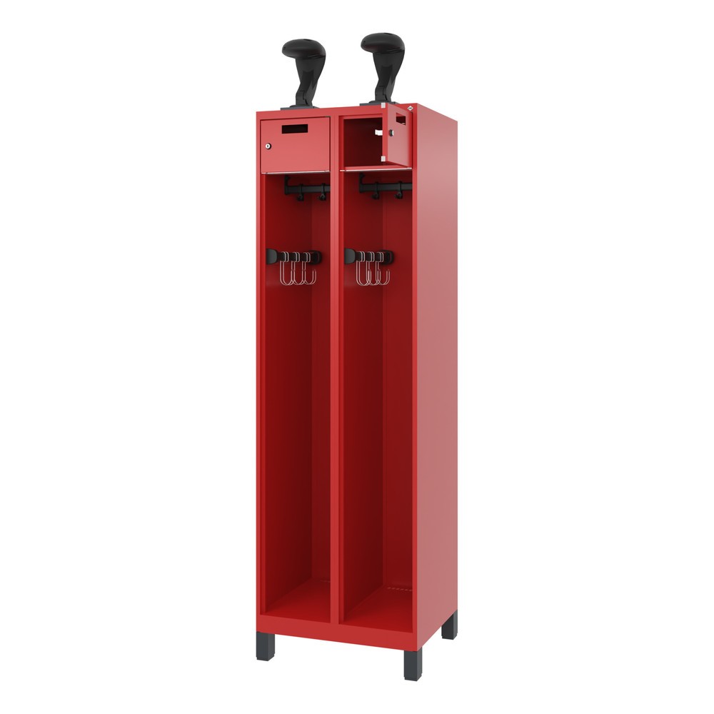 Illustration du produit: C+P Vestiaire pompier PRAKTUS, pieds, 2 compartiments, HxlxP 1 850 x 600 x 500 mm, rouge feu, avec support de casque