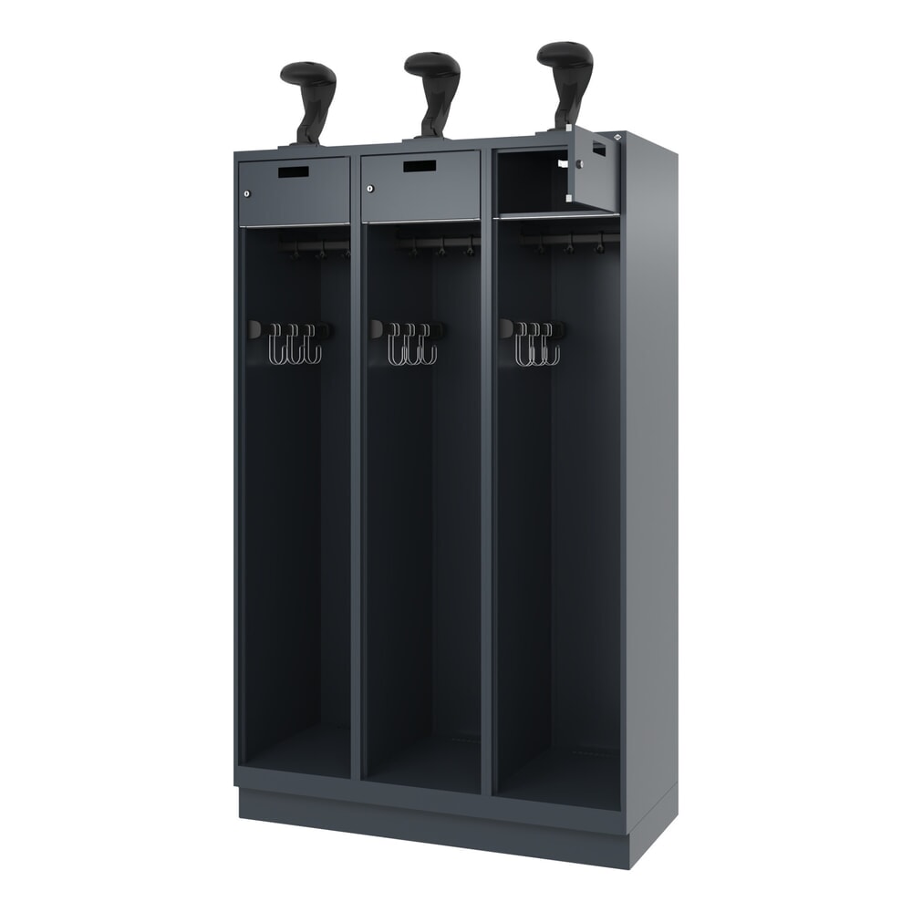 Illustration du produit: C+P Vestiaire pompier PRAKTUS, socle, 3 compartiments, HxlxP 1 850 x 1 200 x 500 mm, gris anthracite, avec support de casque