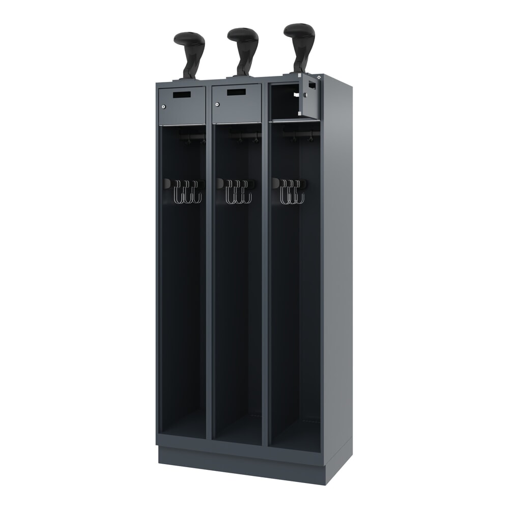 Illustration du produit: C+P Vestiaire pompier PRAKTUS, socle, 3 compartiments, HxlxP 1 850 x 900 x 500 mm, gris anthracite, avec support de casque