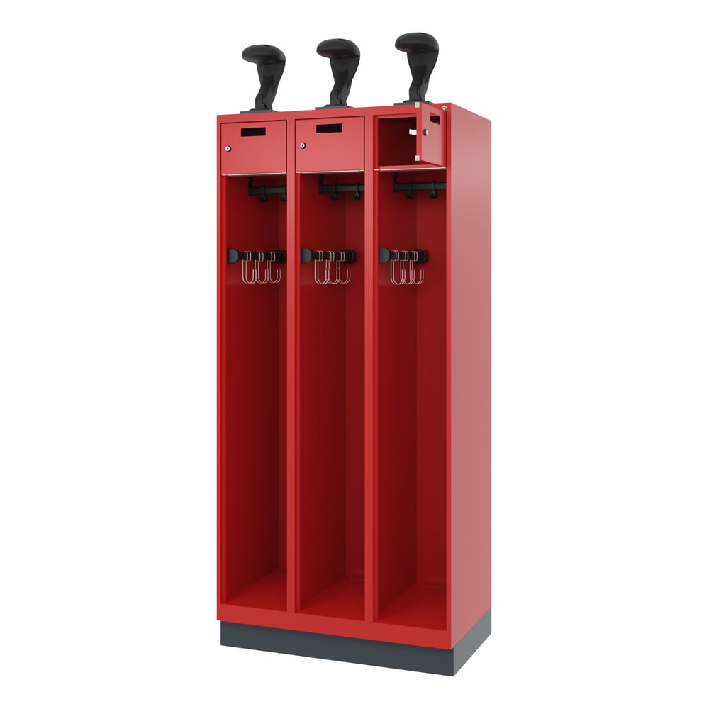 Illustration du produit: C+P Vestiaire pompier PRAKTUS, socle, 3 compartiments, HxlxP 1 850 x 900 x 500 mm, rouge feu, avec support de casque