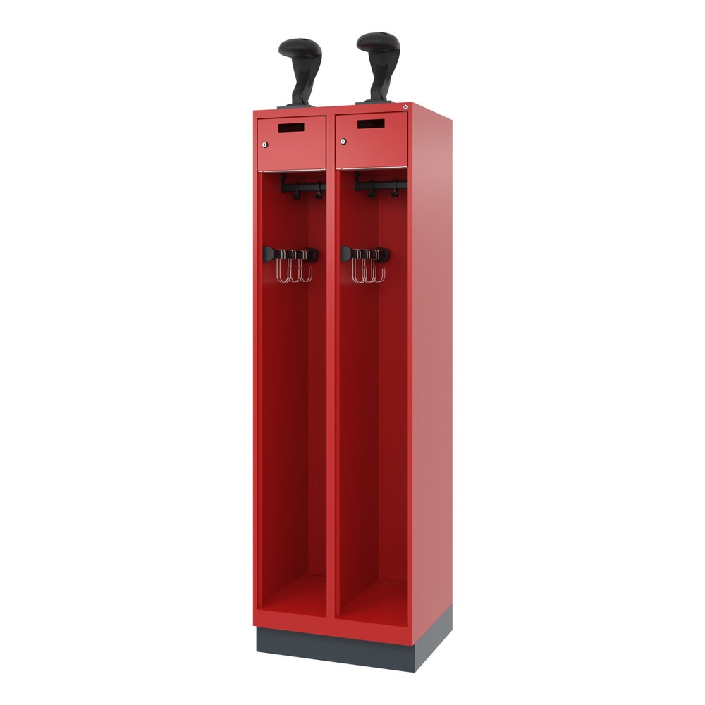 N° de l'image du produit 5 : C+P Vestiaire pompier PRAKTUS, socle, 2 compartiments, HxlxP 1 850 x 600 x 500 mm, rouge feu, avec support de casque