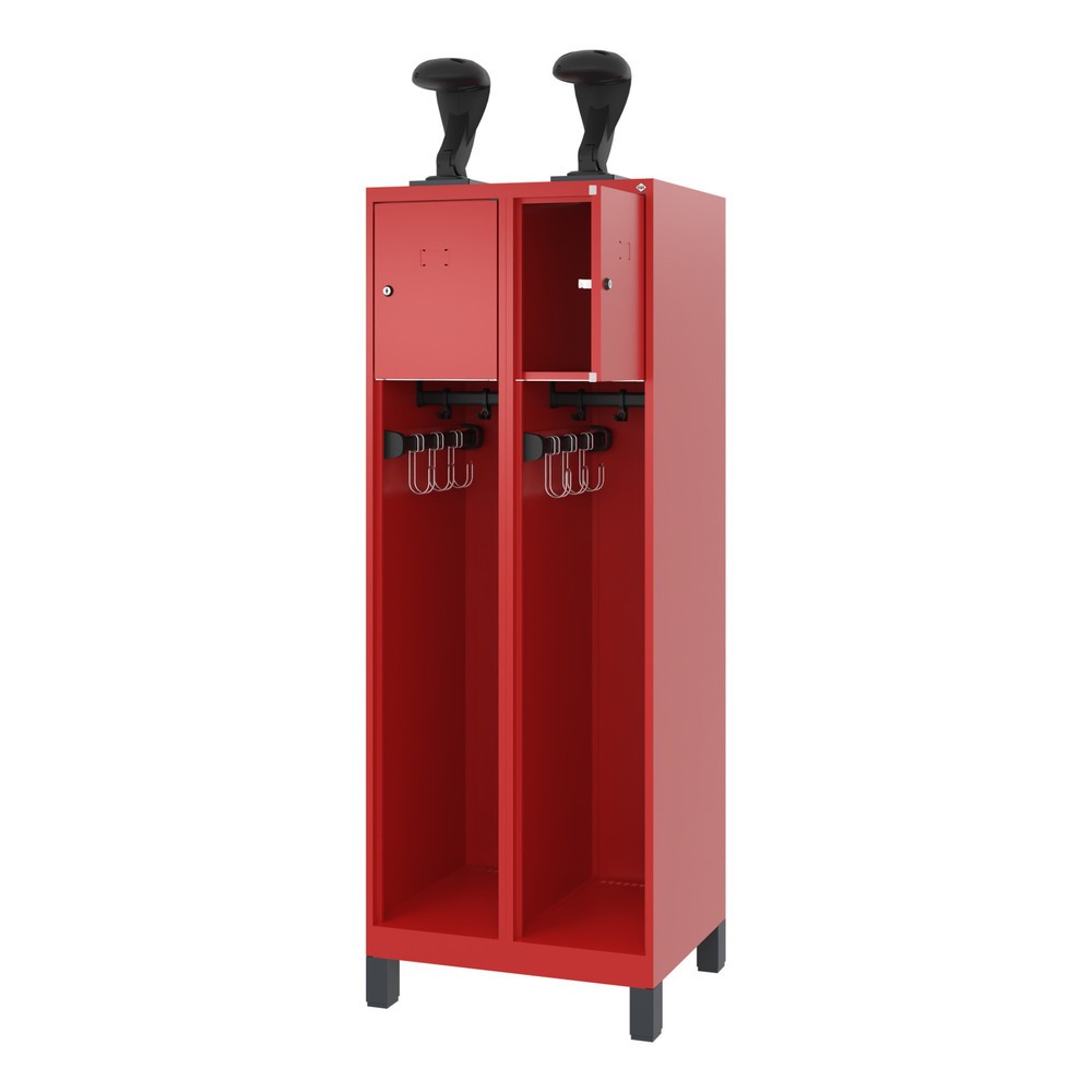 Illustration du produit: C+P Vestiaire pompier YOUNGSTER, pieds, 2 compartiments, HxlxP 1 530 x 600 x 500 mm, rouge feu, avec support de casque