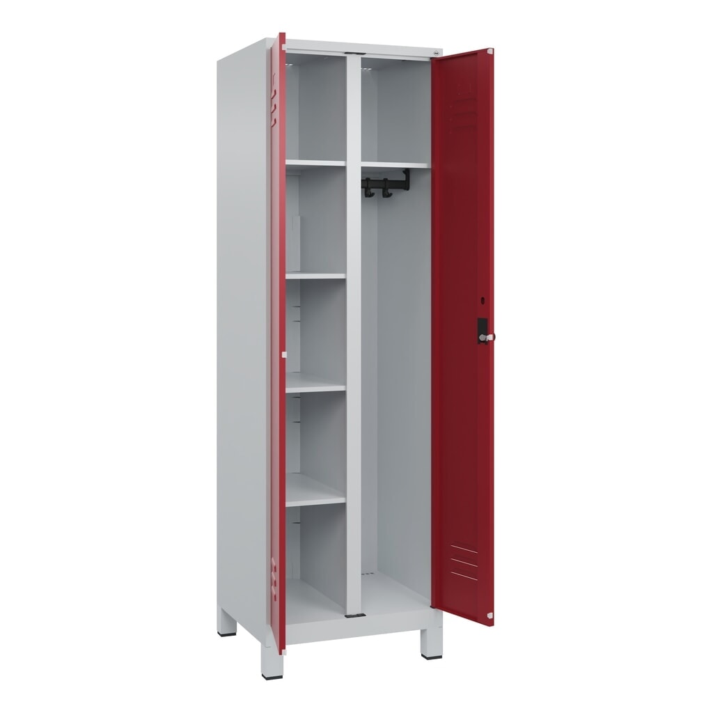 Produktabbildung Nr. 1: C+P Mehrzweck-Putzmittelschrank Classic PLUS, Füße, 2 Abteile, HxBxT 1.950 x 600 x 500 mm, lichtgrau, rubinrot, für Vorhängeschloss