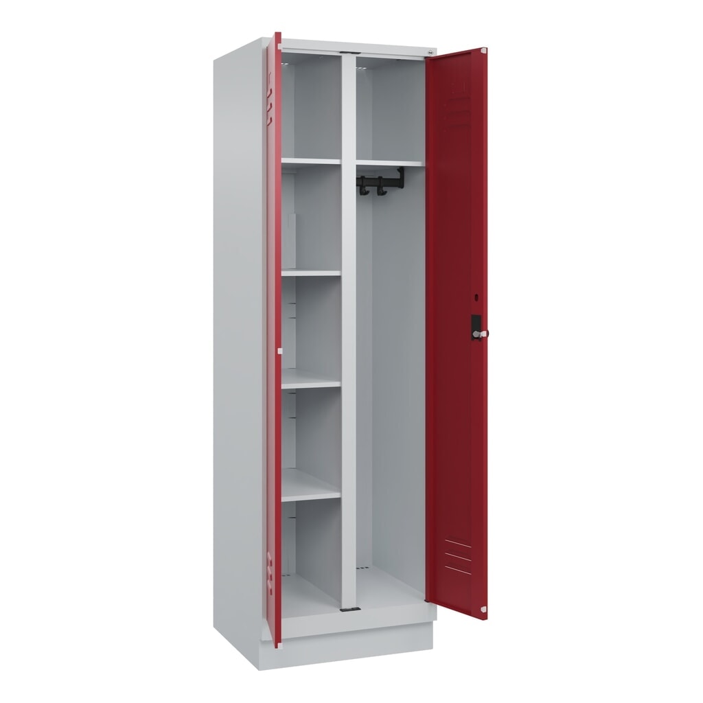 Produktabbildung Nr. 1: C+P Mehrzweck-Putzmittelschrank Classic PLUS, Sockel, 2 Abteile, HxBxT 1.950 x 600 x 500 mm, lichtgrau, rubinrot, für Vorhängeschloss