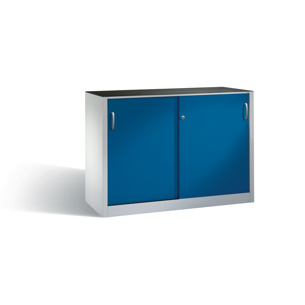 Produktabbildung: C+P Werkstatt-Beistellschrank mit 2 Fachböden, HxBxT 1.000 x 1.600 x 400 mm, Trennwand, lichtgrau, enzianblau