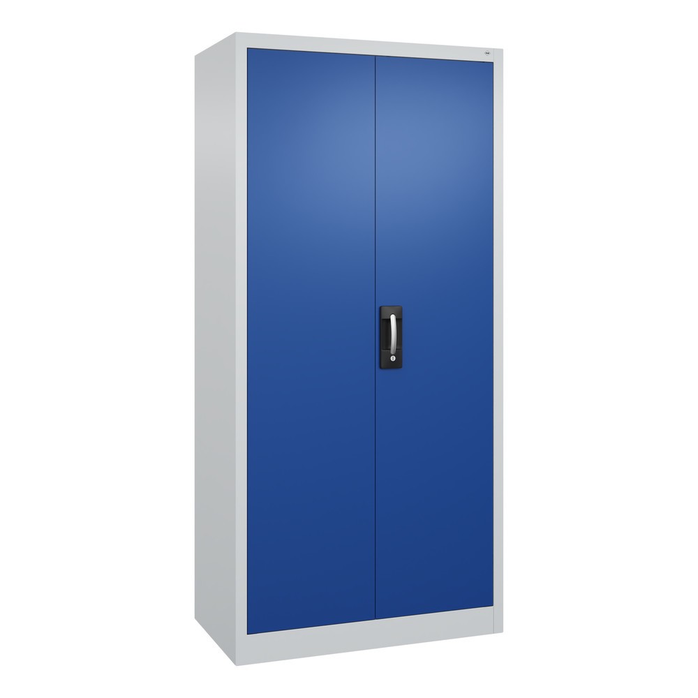 Produktabbildung: C+P Werkstatt-Flügeltürschrank mit 4 Fachböden, HxBxT 1.950 x  930 x 500 mm, lichtgrau, enzianblau