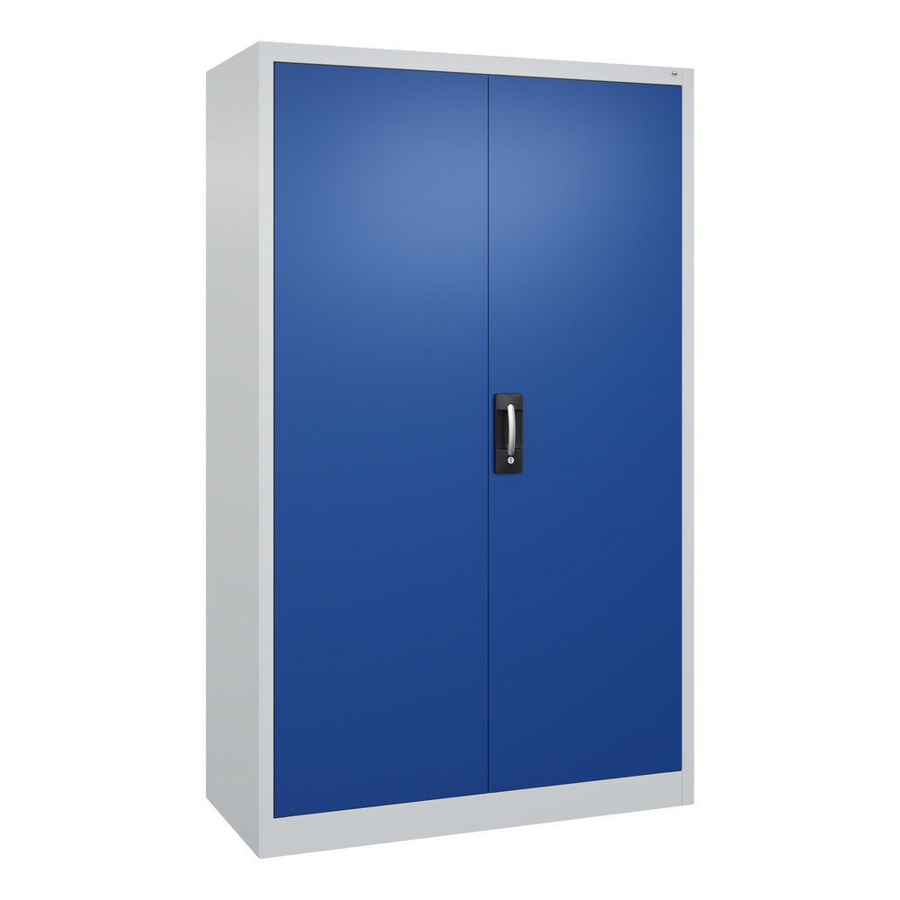Produktabbildung: C+P Werkstatt-Flügeltürschrank mit 4 Fachböden, HxBxT 1.950 x  1.200 x 500 mm, lichtgrau, enzianblau