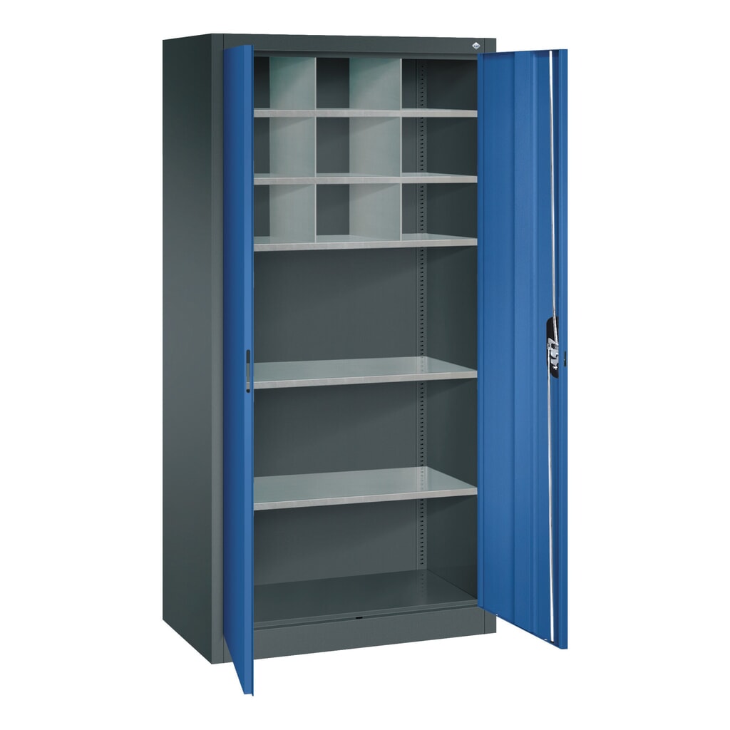 C+P Werkstatt-Flügeltürschrank mit Mittelwand + 8 Fachböden, HxBxT 1.950 x 930 x 500 mm, lichtgrau, enzianblau Produktabbildung Nr. 5: C+P Werkstatt-Flügeltürschrank mit Mittelwand + 8 Fachböden, HxBxT 1.950 x 930 x 500 mm, lichtgrau, enzianblau