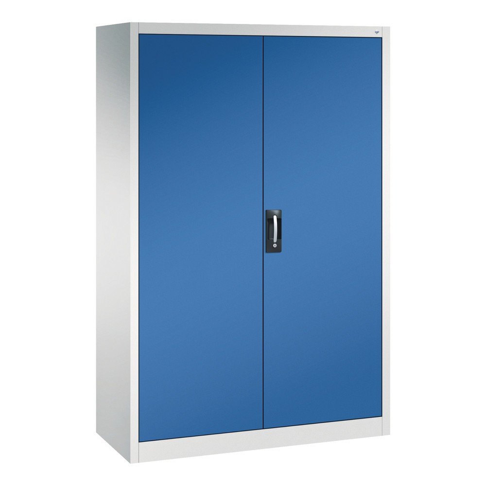 Produktabbildung: C+P Werkstatt-Flügeltürschrank mit Mittelwand + 8 Fachböden, HxBxT 1.950 x 1.200 x 500 mm, lichtgrau, enzianblau