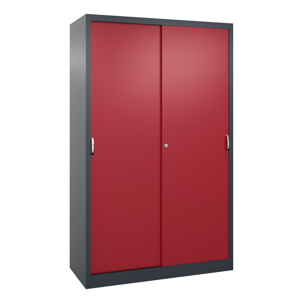Produktabbildung: C+P Werkstatt-Schiebetürenschrank mit 4 Fachböden, HxBxT 1.950 x 1.200 x 500 mm, anthrazitgrau, rubinrot