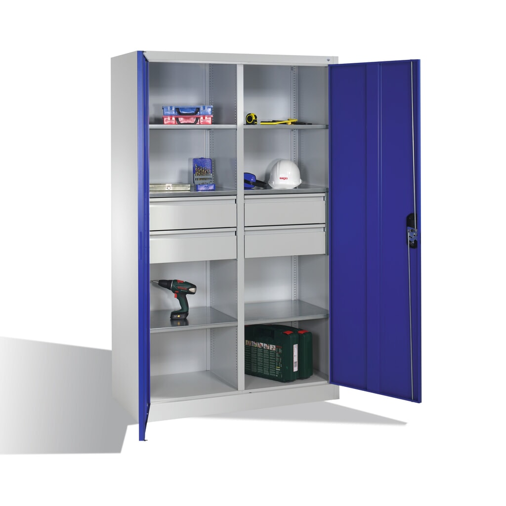 C+P Werkzeugschrank, Schubladen 4x174 mm, 6 Böden, Breite 1.200 mm, lichtgrau, enzianblau Produktabbildung Nr. 8: C+P Werkzeugschrank, Schubladen 4x174 mm, 6 Böden, Breite 1.200 mm, lichtgrau, enzianblau