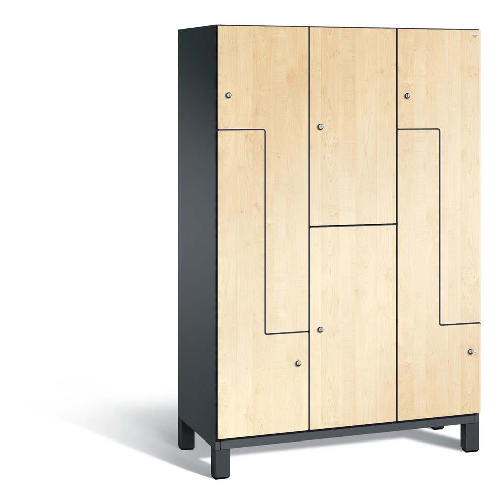 Produktabbildung: C+P Z-Kombinationsschrank Cambio, 3 Abteile, Abteilbreite 400 mm, HxBxT 1980x1200x525 mm, RAL 7021 Schwarzgrau, Dekor Donau-Ahorn, Füße