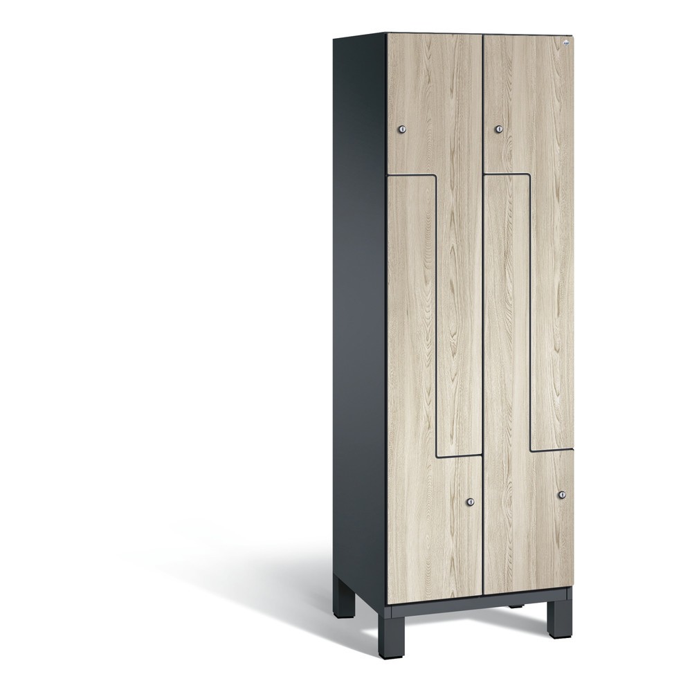 Produktabbildung: C+P Z-Garderobenschrank Cambio, 2 Abteile, Abteilbreite 300 mm, HxBxT 1980x600x525 mm, RAL 7021 Schwarzgrau, Dekor Sen-Esche, Füße