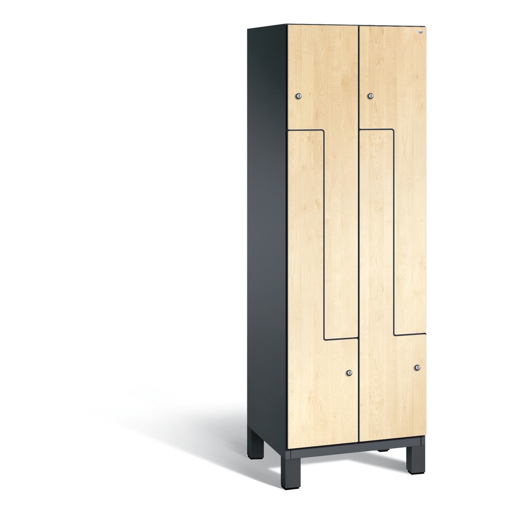 Produktabbildung: C+P Z-Garderobenschrank Cambio, 2 Abteile, Abteilbreite 300 mm, HxBxT 1980x600x525 mm, RAL 7021 Schwarzgrau, Dekor Donau-Ahorn, Füße