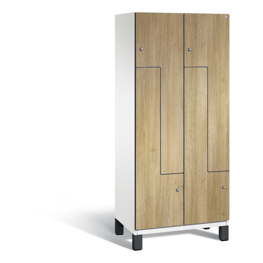 Produktabbildung: C+P Z-Garderobenschrank Cambio, 2 Abteile, Abteilbreite 400 mm, HxBxT 1980x800x525 mm, RAL 9016 Verkehrsweiß, Dekor Eiche Sereno, Füße